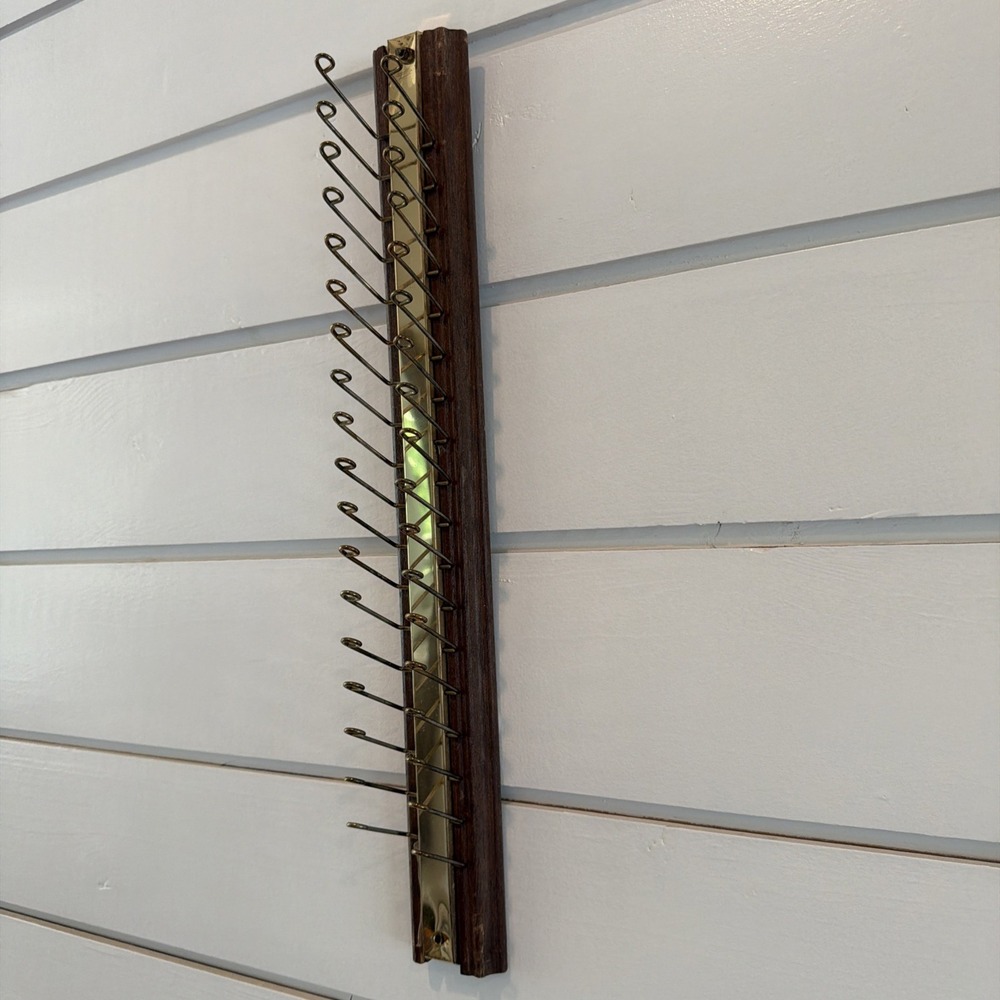 Vintage Tie/Belt Rack Organizer Wall Mount Closet Rod 36 hook Wood/Brass GWB001